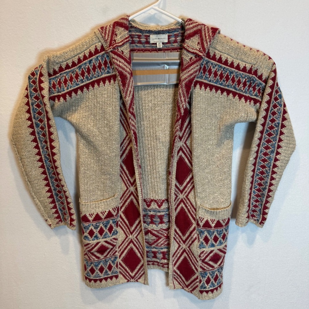 Lucky Brand Womens Southwestern Hooded Cardigan Sweater Red Blue Geometric Small